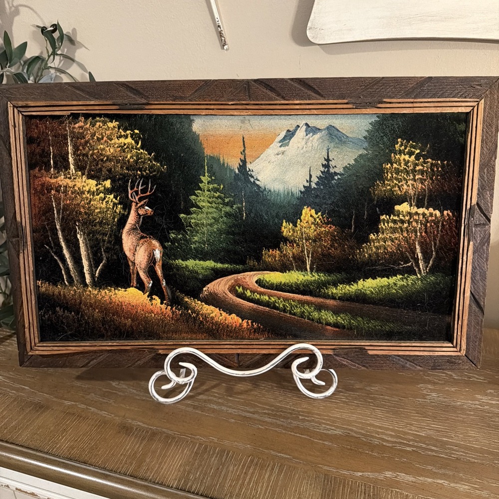 Vintage Black Velvet Painting Deer Woods Mountains Wood Framed Hunting Nature